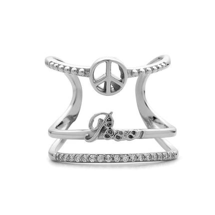 Sterling Silver Large Triple Row and Peace Sign CZ Ring, Size 7 ,