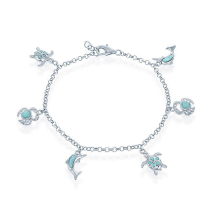 Sterling Silver Larimar Turtle, Crab and Dolphin Charms Bracelet ,