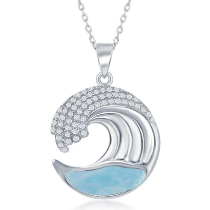 Sterling Silver Larimar Wave Design with CZ Pendant ,