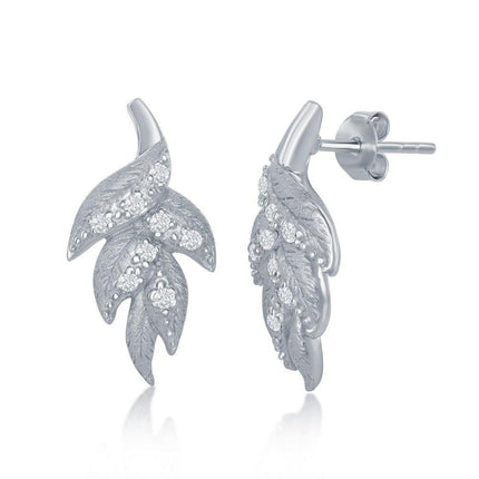Sterling Silver Leaf Diamond Sanded Stud Earrings ,