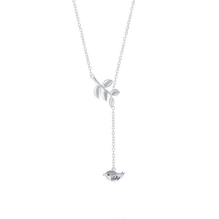 Sterling Silver Leaf with Hanging Bird Necklace ,