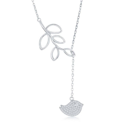 Sterling Silver Leaf with Hanging CZ Bird Lariat 'Y' Necklace ,