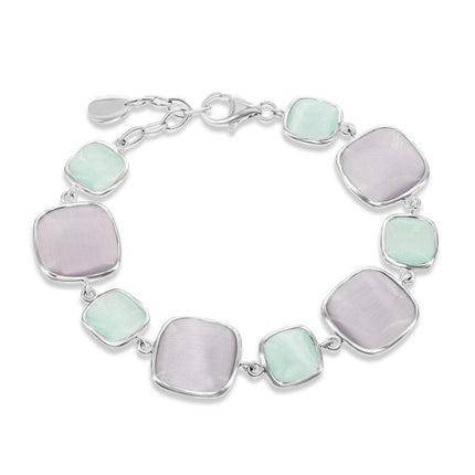 Sterling Silver Light Green and Grey Square Cat's Eye Bracelet ,