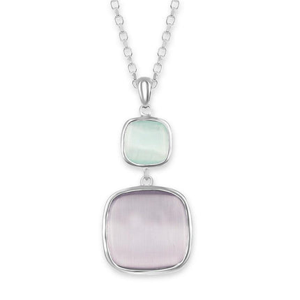 Sterling Silver Light Green and Grey Square Cat's Eye Necklace ,
