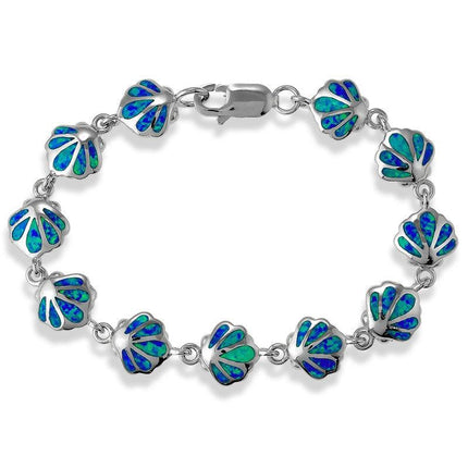 Sterling Silver Linked Blue Inlay Opal Shell Bracelet, 7" ,