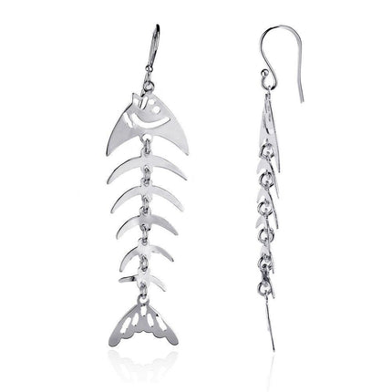 Sterling Silver Long Dangling Fish Skeleton Earrings ,