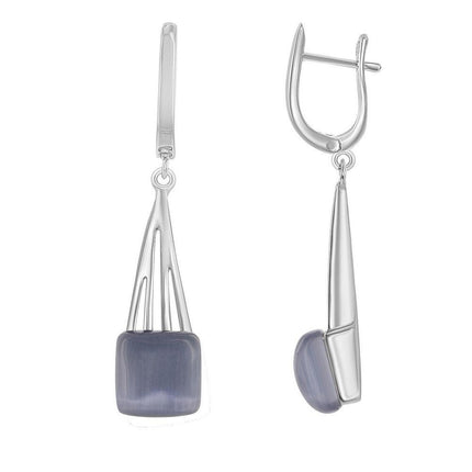 Sterling Silver Long Dark Blue and Grey Cat's Eye Earrings ,