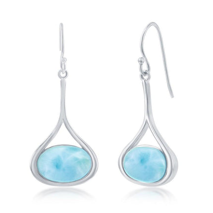 Sterling Silver Long Oval Larimar Dangling Earrings ,