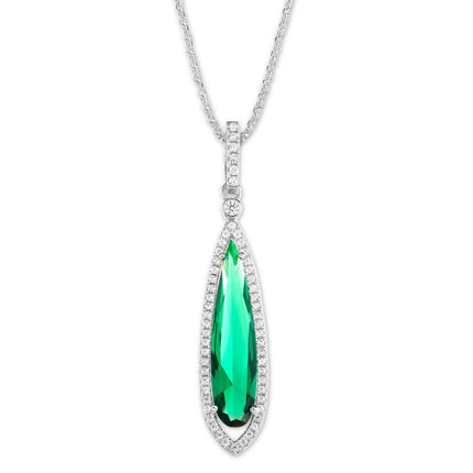 Sterling Silver Long Teardrop Dark Green CZ Pendant ,