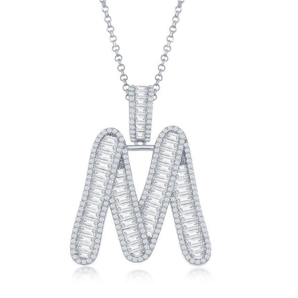 Sterling Silver M Initial Baguette CZ Pendant Chain ,