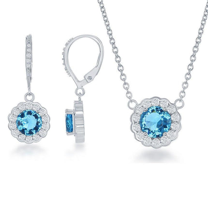 Sterling Silver March Birthstone CZ Necklace and Earrings Set ,