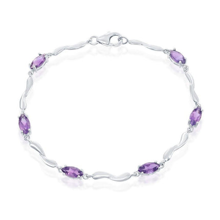 Sterling Silver Marquise Shaped Amethyst Gemstone Bracelet, 7.25" ,