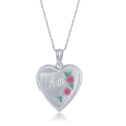 Sterling Silver Matte Mom with Flower Design Locket ,