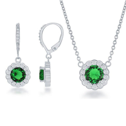 Sterling Silver May Birthstone With CZ Border Round Earrings and Necklace Set ,