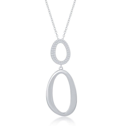 Sterling Silver Micro Pave and High Polish Double Oval Necklace ,