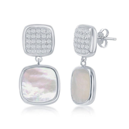 Sterling Silver Micro Pave and MOP Square Earrings ,