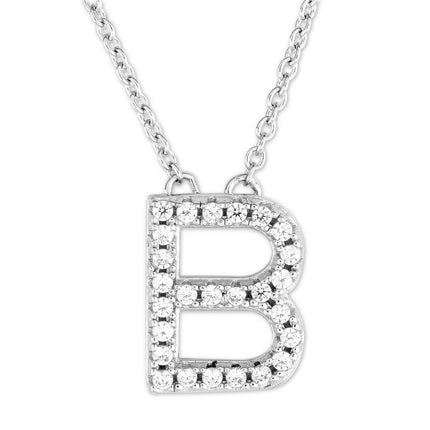 Sterling Silver Micro Pave "B" Pendant Necklace ,
