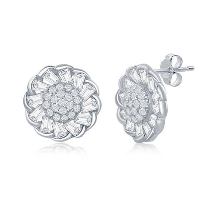 Sterling Silver Micro Pave Center & Baguette CZ Border Flower Design Stud Earrings ,