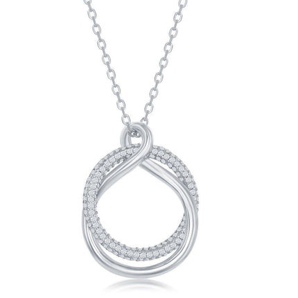 Sterling Silver Micro Pave Circle and High Polish Twist Necklace ,