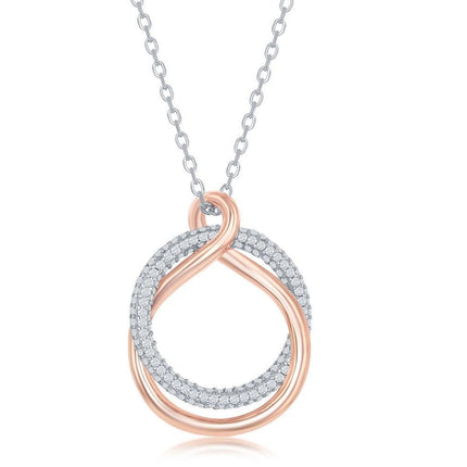 Sterling Silver Micro Pave Circle and Rose Gold Twist Necklace ,