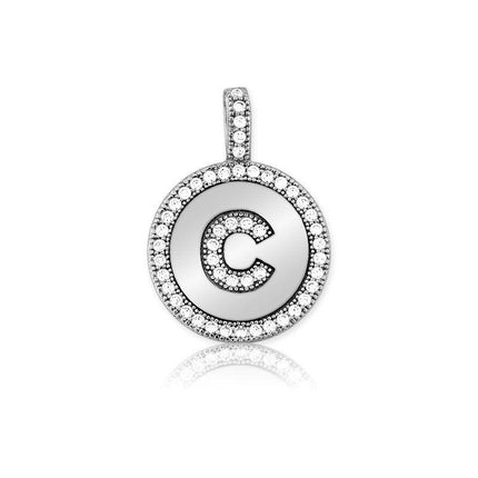 Sterling Silver Micro Pave Circle "C" Pendant with Chain ,