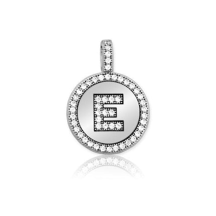 Sterling Silver Micro Pave Circle "E" Pendant with Chain ,