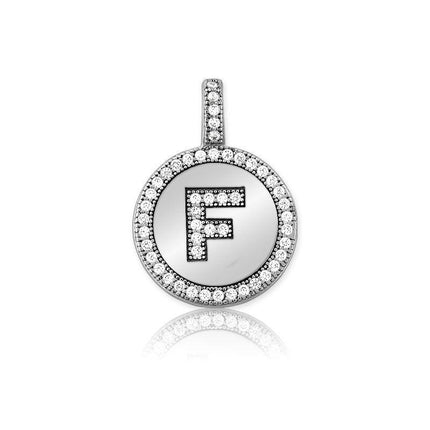 Sterling Silver Micro Pave Circle "F" Pendant with Chain ,