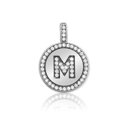 Sterling Silver Micro Pave Circle "M" Pendant with Chain ,