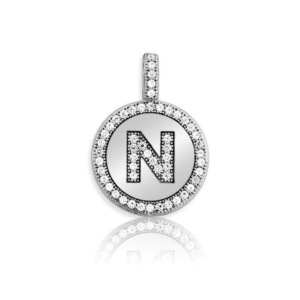 Sterling Silver Micro Pave Circle "N" Pendant with Chain ,