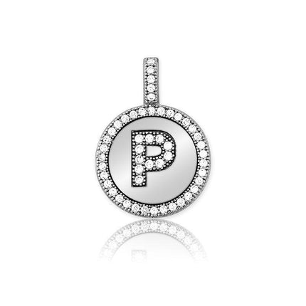 Sterling Silver Micro Pave Circle "P" Pendant with Chain ,
