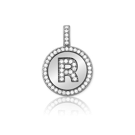 Sterling Silver Micro Pave Circle "R" Pendant with Chain ,