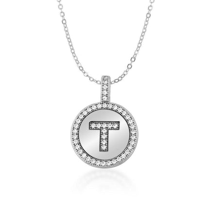 Sterling Silver Micro Pave Circle "T" Pendant with Chain ,