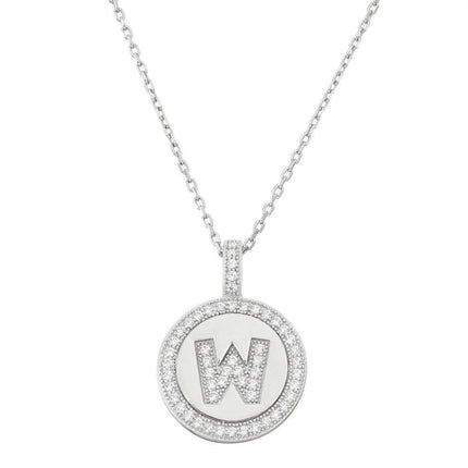 Sterling Silver Micro Pave Circle "W" Pendant Chain ,