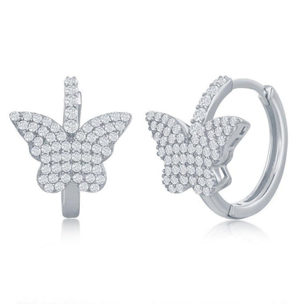 Sterling Silver Micro Pave CZ Butterfly Huggie Hoop Earrings ,