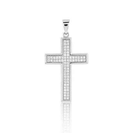 Sterling Silver Micro Pave CZ Cross With Border Pendant (68 stones) ,