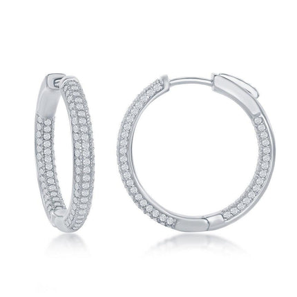 Sterling Silver Micro Pave CZ Hoop Earrings, 3 x 25 mm ,