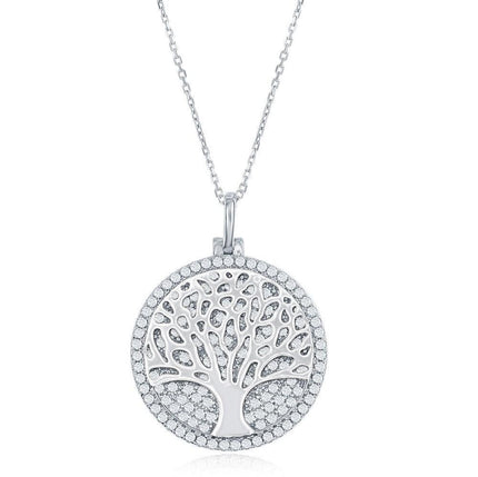 Sterling Silver Micro Pave Disc with Center Tree of Life Necklace ,