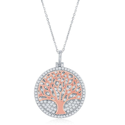 Sterling Silver Micro Pave Disc with Rose GP Center Tree Necklace ,