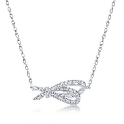 Sterling Silver Micro Pave Double Ribbon Necklace ,