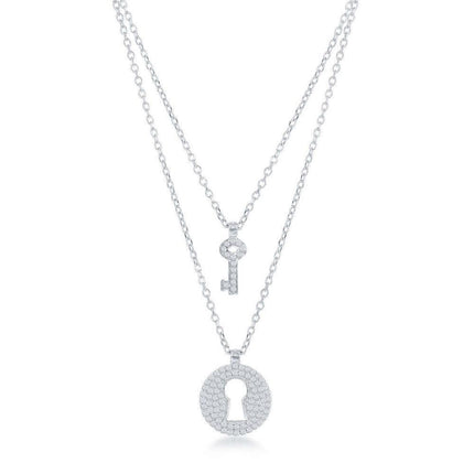 Sterling Silver Micro Pave Lock and Key Double Strand Necklace ,