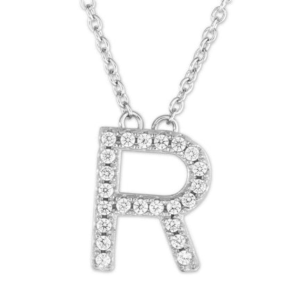 Sterling Silver Micro Pave "R" Pendant Necklace ,