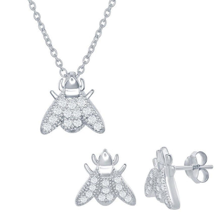 Sterling Silver Micro Pave Sliding Fly Necklace and Earrings Set ,