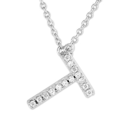 Sterling Silver Micro Pave "T" Pendant Necklace ,