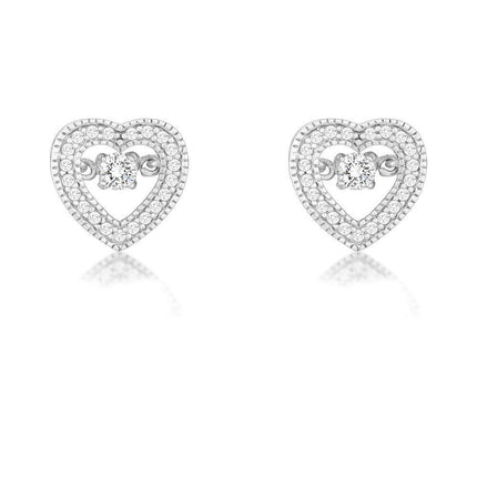 Sterling Silver Micro Pave with Center Dancing-Shimmering CZ Heart Earrings ,