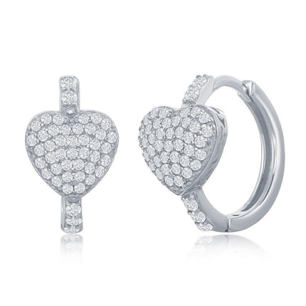 Sterling Silver Mircro Pave CZ Heart Huggie Hoop Earrings ,