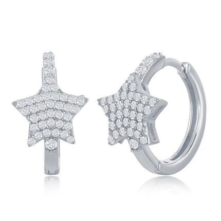 Sterling Silver Mircro Pave CZ Star Huggie Hoop Earrings ,