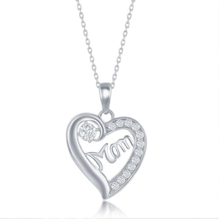 Sterling Silver 'Mom' Cubic Zirconia Heart Necklace ,