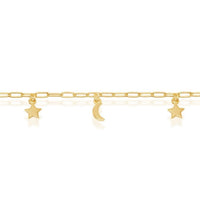Sterling Silver Moon & Star Charms Paperclip Anklet - Gold Plated ,