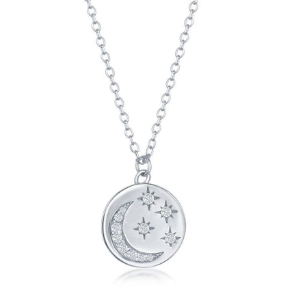 Sterling Silver Moon and Stars Cubic Zirconia Necklace ,