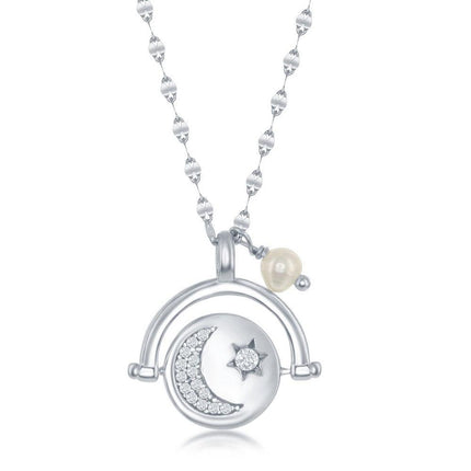 Sterling Silver Moon and Stars CZ Spinning Disc with FWP Necklace ,